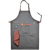 Los mejores  - CPTDCL Delantal con Babero de Mezclilla Manual Gris Unisex con Correa de Cuero Delantal de Bolsillo para Herramientas de…